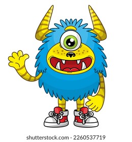 Cartoon blue monster in sneakers. Isolated cute character on white background. Vector illustration of fluffy mutant in childish style.