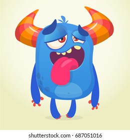 Cartoon blue monster tired.
Vector Halloween illustration of a blue horned monster with long tongue. 