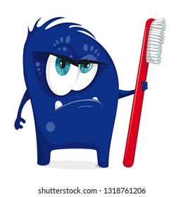 Cartoon blue monster with
toothbrush. Bacteria with large eyes, teeth, hands, feet. Microorganism on a white background. Charismatic virus.