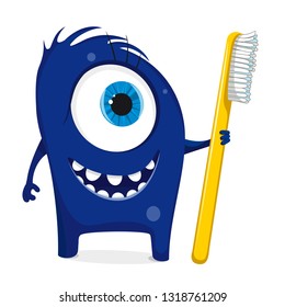 Cartoon blue monster with
toothbrush. Bacteria with large eyes, teeth, hands, feet. Microorganism on a white background. Charismatic virus.