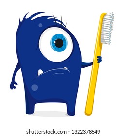 Cartoon blue monster with
toothbrush. Mascot with large eyes and teeth. white background. Charismatic germ.