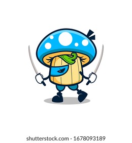 cartoon blue ninja musroom walking with two swords