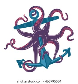 Cartoon blue octopus with tentacles and suction cups on anchor. Underwater cuttlefish or spineless mollusk,ocean or sea cephalopod with wavy arms,seafood squid. May be used for tattoo or mascot emblem