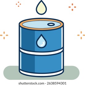 Cartoon blue oil barrel with droplet illustration. Cute vector design representing fuel, storage, or petroleum industry concepts. Perfect for infographics, icons, and educational use.