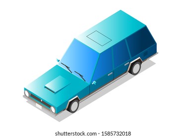 Cartoon blue old american retro isometric long car with shadow. Isolated on blue background. Vector icon.