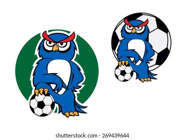 Cartoon blue owl standing with one leg on the soccer ball with a football ball on the background for sporting mascot or character design