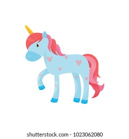 Cartoon blue Pegasus or unicorn. Magical one-horned animal with pink mane and tail. Beautiful imaginary creature. Mythical fairy tale character. Flat vector design