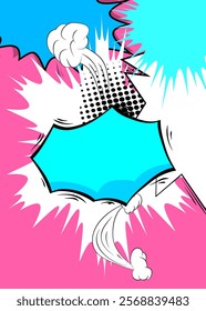 Cartoon blue, pink and white colored background, comic book vibrant backdrop. Retro vector comics pop art design.