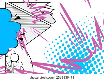 Cartoon blue, pink and white colored background, comic book vibrant backdrop. Retro vector comics pop art design.