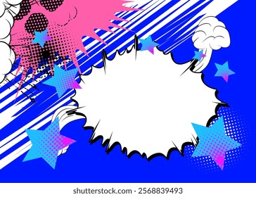 Cartoon blue, pink and white colored background, comic book vibrant backdrop. Retro vector comics pop art design.