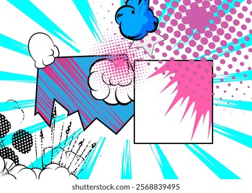 Cartoon blue, pink and white colored background, comic book vibrant backdrop. Retro vector comics pop art design.