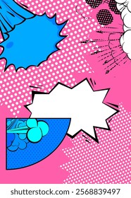 Cartoon blue, pink and white colored background, comic book vibrant backdrop. Retro vector comics pop art design.