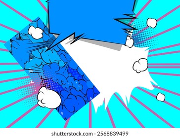 Cartoon blue, pink and white colored background, comic book vibrant backdrop. Retro vector comics pop art design.