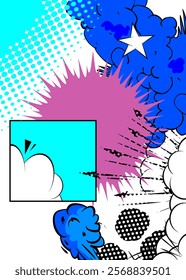 Cartoon blue, pink and white colored background, comic book vibrant backdrop. Retro vector comics pop art design.