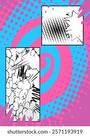 Cartoon blue, pink and white colored background, comic book vibrant backdrop. Retro vector comics pop art design.