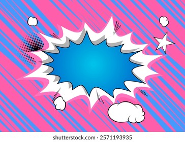 Cartoon blue, pink and white colored background, comic book vibrant backdrop. Retro vector comics pop art design.