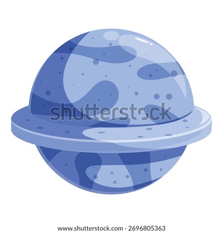 Cartoon blue planet rotating with asteroid belt, exploring the universe and discovering new worlds