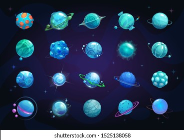 Cartoon blue planets set. Funny fantasy planet on cosmic background. Vector space assets for game design.