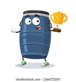 cartoon blue plastic storage barrel mascot holds the number one cup on white background