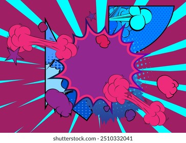 Fundo azul e roxo dos desenhos animados, pano de fundo dos quadrinhos. Quadrinhos vetoriais retrô com design de arte pop.