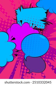 Fundo azul e roxo dos desenhos animados, pano de fundo dos quadrinhos. Quadrinhos vetoriais retrô com design de arte pop.