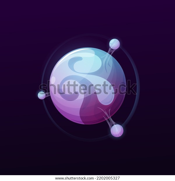 Cartoon blue and purple planet with satellites\
or orbit. Game UI fantasy planet icon with moons, gas atmosphere\
and water surface, alien galaxy artificial world or\
extraterrestrial\
organism