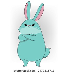 Cartoon of a blue rabbit with a grumpy expression and crossed arms. Perfect for humorous and animal-themed designs.