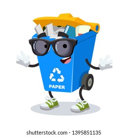 cartoon blue recycle garbage can with paper character mascot in black sunglasses on a white background