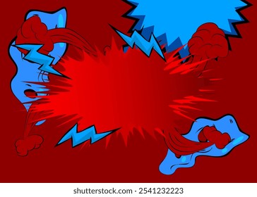 Cartoon blue and red background, comic book backdrop. Retro vector comics pop art design.