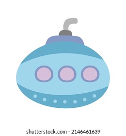 Cartoon Blue Retro Submarine Bathyscaphe With Porthole And Periscope, Childish Vector Illustration Isolated On White