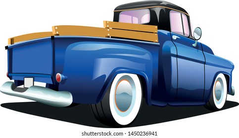 Cartoon blue retro truck pickup car, on a white background. ESP Vector illustration.