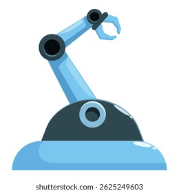 Cartoon blue robotic arm holding something with its claw raised