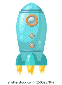 Cartoon blue rocket with flame isolated on white background. Vector