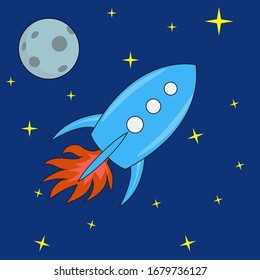 Cartoon blue rocket flies against a dark blue starry sky near the moon vector stock illustration