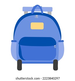 Cartoon blue schoolbag with textbook inside. Flat design stationery. Isolated on white background, EPS10 vector