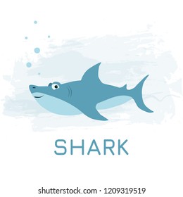 A cartoon blue shark on a blue watercolor background. Vector illustration EPS10