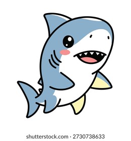 Tubarão-azul-desenhos animados com dentes afiados e barbatanas amarelas sorrindo amplamente