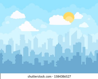 Cartoon blue sky cityscape. Cloudy sky, city skyline landscape, midday graphic urban silhouette cityscape illustration and town building layers bright vector background. Urban panoramic view