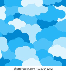 Cartoon blue sky cloud seamless pattern. limitless background, cloudy heaven layered effect. Flat cartoon air weather sign. Repeat ornament for paper wrap, fabric, print. Vector illustration