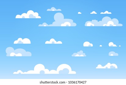 Cartoon Blue sky with clouds on the shiny day. Silhouette of white fluffy clouds isolated on blue background. Vector set  