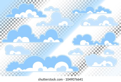 Cartoon Blue sky with clouds on the shiny day. Silhouette of white fluffy clouds isolated on transparent background. Vector set.