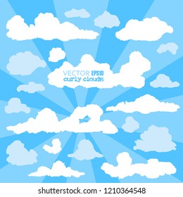 Cartoon Blue sky with clouds on the shiny day. Silhouette of white fluffy clouds isolated on blue background. Vector set  