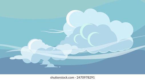 
Cielo azul de la historieta y nubes. ilustración realista de las nubes del verano, paisaje limpio de la nube de la naturaleza.