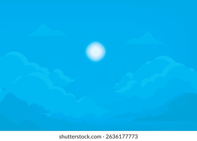 Cartoon blue sky with sun and fluffy clouds. Perfect for kids theme, game, or animation background.