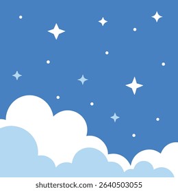 Cartoon blue sky with white clouds and stars vector background