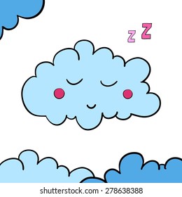 Cartoon blue sleeping cloud on white background. Vector illustration. EPS 10. 