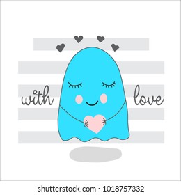 Cartoon blue smile comic ghost vector symbol isolated on background