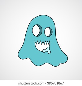 Cartoon blue smile comic ghost vector symbol isolated on background