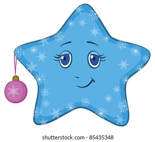 Cartoon, blue smiley star with holiday Christmas ball and snowflakes, vector