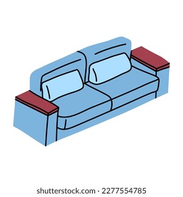 Cartoon Blue Sofa Icon Interior Furniture Concept Flat Design Style Isolated on a White Background. Vector illustration